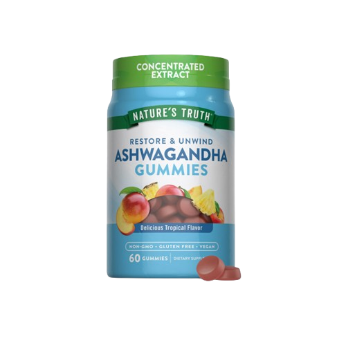 ASHWAGANDHA.. Bottle of Nature's Truth Ashwagandha Gummies with green cap, blue label, 60 gummies (non-GMO, gluten-free, vegan) on a black background