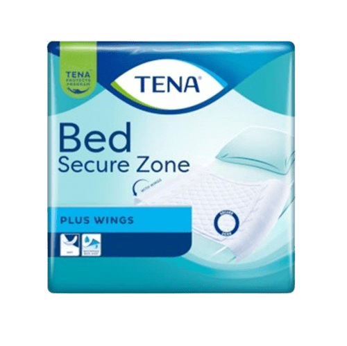 TENA Bed Secure Zone Plus Wings packaging showing a blue-and-white bed pad illustration.
