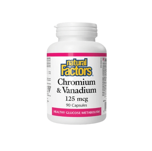 Bottle of Natural Factors Chromium & Vanadium supplement, 125 mcg, 90 capsules.