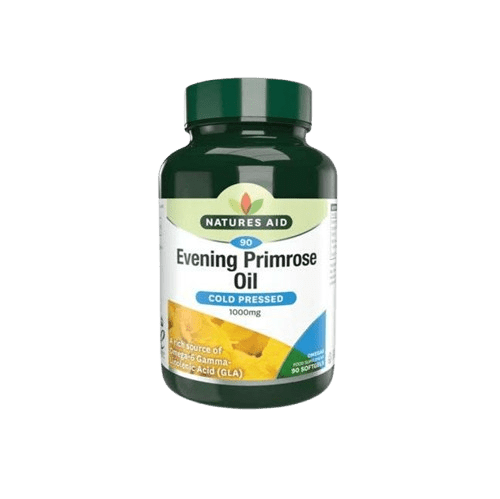 Bottle of Nature's Aid Evening Primrose Oil, cold-pressed, 1000 mg supplement in a green container with white label.