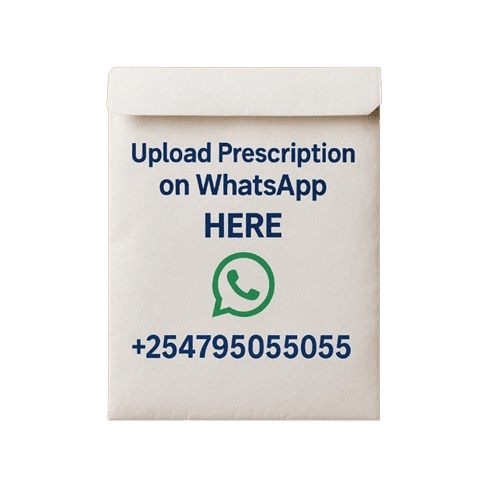 Envelope-style card inviting users to upload a prescription via WhatsApp, showing the WhatsApp logo and the number +254795055055